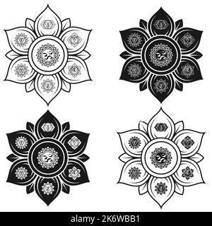 Vektor-Design der heiligen Lotusblume, mit dem Symbol der sieben Chakren Stock Vektor