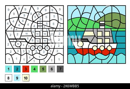 Vektor-Malvorlagen für Kinder Bildung und Aktivitäten. Puzzle Spiel Farbe nach Anzahl Schiff Stock Vektor