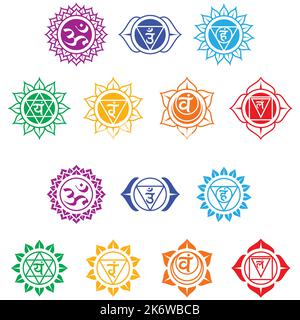 Vektor-Design des sieben Chakra-Energiezentrums, ein Symbol der Hinduismus-Doktrin, das die sieben Chakren des menschlichen Körpers zeigt, mit ihren jeweiligen c Stock Vektor