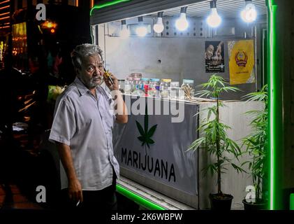 Bangkok, Thailand. 15. Oktober 2022. Allgemeine Ansicht eines Marihuana-Pop-up-Trucks in Bangkoks Sukhumvit Rd, Soi 11, der legales Marihuana verkauft. Das Königreich Thailand ist die erste Nation in Asien, die Marihuana für den medizinischen und persönlichen Gebrauch entkriminalisiert hat. Am 9. Juni 2022 wurde Marihuana aus der Kategorie der Betäubungsmittel entfernt, wodurch es legal ist, das Kraut zu verkaufen und zu kaufen. Kredit: SOPA Images Limited/Alamy Live Nachrichten Stockfoto