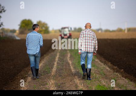 Rückansicht von zwei reifen Bauern, die auf dem Feld laufen und sprechen, während der Traktor im Hintergrund arbeitet Stockfoto