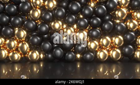 Schwarze Gold weiche Kugeln auf schwarzer Oberfläche Intro minimale Bewegung Computergrafik 3D Render Stockfoto