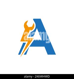 Initial Letter Ein Reparaturschlüssel und Volt Power Logo Design for Repair, Electrical Sign Vector Template Stock Vektor