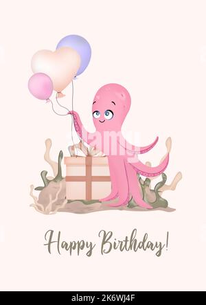 Innenposter für ein Kinderzimmer. Meeresmotiv. Octopus pink auf einem sanften Hintergrund. Stock Vektor