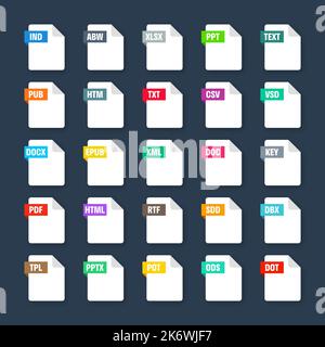 Gängige Systemdateiformate. Dokumenttypen und Erweiterungen. Flache Ikonen-Kollektion. Dokument-Piktogramm, Web-Design-UI-Element, Vorlage. Computer Stock Vektor
