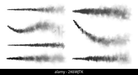 Realistische Raketen- oder Schussspur. Kondensstreifen von Flugzeugen, Gleise von Düsenflugzeugen. Raketenstart. Schwarze Rauchwolken, Explosion. Dampfdurchfluss Stock Vektor