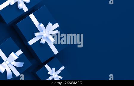 Blaue Geschenke mit weißem Band auf einem eleganten dunkelblauen Hintergrund. 3D Abbildung. Stockfoto