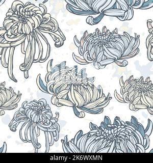 Florales Nahtmuster mit Chrysanthemen. Handgezeichnet mit Stift- und Tintendesign. Vektor-Kachelmuster auf weißem Hintergrund. Stock Vektor