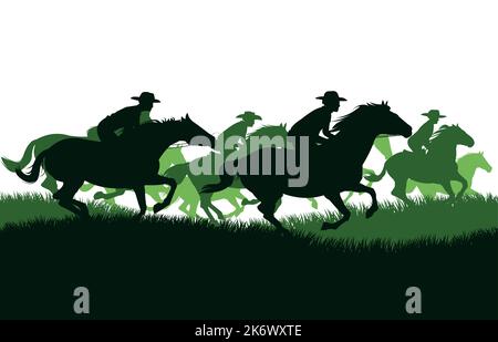 Cowboys reiten auf Wiesenhügeln auf Pferden. Bildsilhouette. Reiter auf dem Pferderücken. Isoliert auf weißem Hintergrund. Vektor Stock Vektor