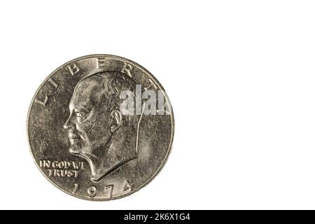 Nahaufnahme der Vorderseite einer 1-Dollar-Münze aus dem Jahr 1974. Numismatisches Konzept. Stockfoto