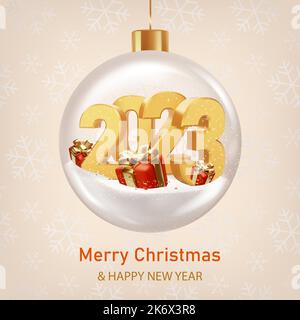 Neujahrskarte mit Zahlen 2023 und roten Geschenken in Glaskugel auf hellbeigem Hintergrund. 2023 Glückliche Neujahrskarte mit roten Geschenken und goldenem Band. Stock Vektor