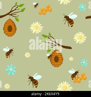 Bienen auf gelbem Honig Wabe nahtlose Muster Honig, Biene, Bienenstock, Wabe Bienenhaus. Vektor Vintage Farbe gravierte Illustration. Auf Hintergrund isoliert Stock Vektor