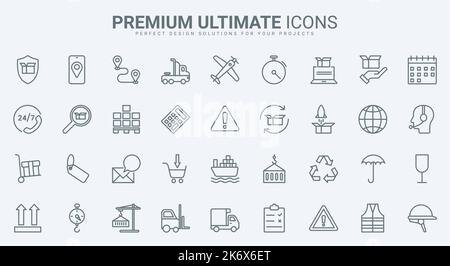 Lieferdienst, Logistik, Lagerung und Versand dünne Linien Symbole setzen Vektor-Illustration. Gliederung der Verteilung im Lager und Waren von Paketen, Lieferung von Containern mit Schiff und LKW Stock Vektor