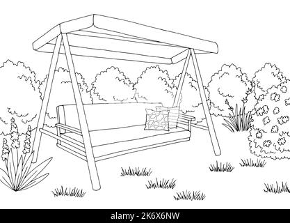 Garten Schaukel Grafik schwarz weiß Landschaft Skizze Illustration Vektor Stock Vektor