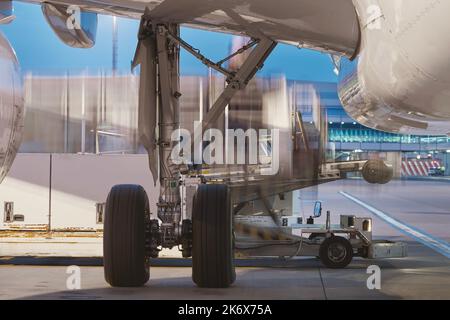 Verladung des Flugzeugs am Flughafen. Frachtcontainer in unscharfer Bewegung. Stockfoto