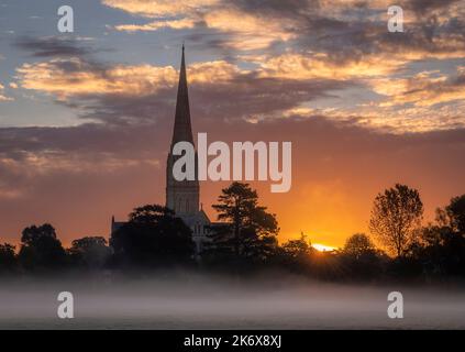 Oktober nebliger Morgenaufgang hinter der Salisbury Cathedral von den Harnham Water Meadows Wiltshire Südwesten Englands Stockfoto