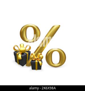 Goldenes Prozent-Symbol mit schwarzer Geschenkbox mit goldener Schleife. Sonderangebot oder Rabatt-Design-Element für Banner und Poster. Vektorgrafik Stock Vektor