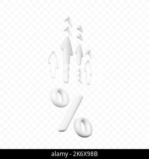 Weiß 3D realistische Cartoon Pfeil und Prozent-Symbol. Wachstumszinsen isoliert auf transparentem Hintergrund. Designelement für Geschäftskonzept. Vec Stock Vektor