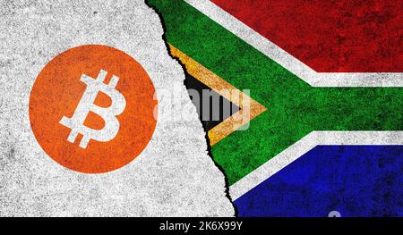 Südafrika und Bitcoin-Symbol zusammen. Kryptowährung in Südafrika. Beziehungen zwischen Bitcoin und Südafrika Stockfoto