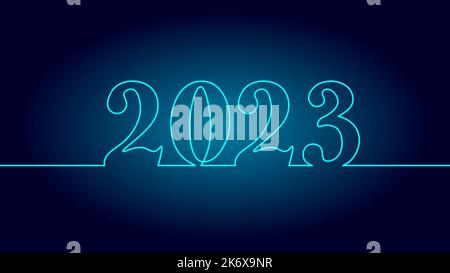 2023 Neujahr einzelne kontinuierliche Linie Kunst. Holiday Grußkarte Headline Dekoration. Datumsnummern Konzept Design. Eine Skizze umreißt die Zeichnung weiß Stock Vektor