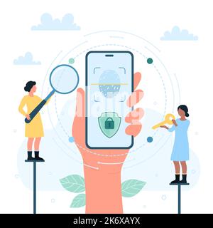 Biometrische Autorisierung in der mobilen App der Vektordarstellung des Telefons. Cartoon kleine Menschen durch die Lupe auf einzigartige menschliche Fingerabdruck auf dem Bildschirm, Hand halten Smartphone mit Scanner Stock Vektor