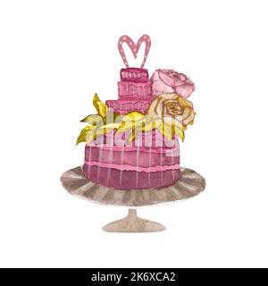 Ein rosa Kuchen mit Herz Aquarell Illustration Stockfoto