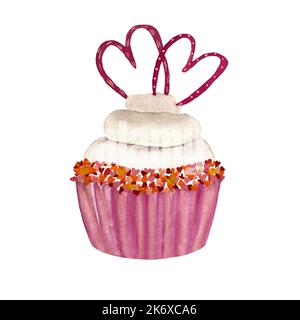 Ein rosa Cupcake mit Herz Aquarell Illustration Stockfoto