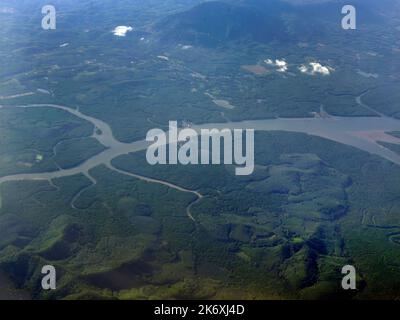 Luftaufnahme über grünen großen Mangrovenwäldern in der Nähe der Andamanensee Thailand, Seeseite, Grün, Landschaft Stockfoto