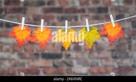 Herbst Ahornbaum Blätter Wäscheleine und Clip auf Backstein Wand Hintergrund. Flach liegend, Draufsicht, Kopierraum, Herbstkomposition. Stockfoto