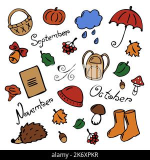 Herbst Set mit verschiedenen Objekten. Herbst-Ikonen. Stock Vektor