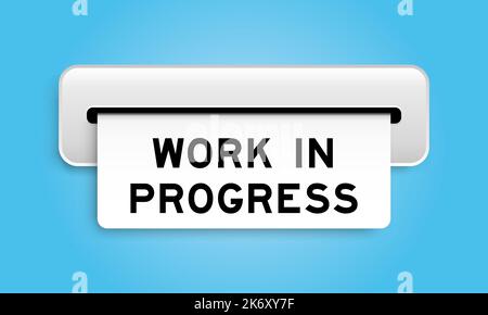 Weißes Coupon-Banner mit Wort Arbeit in Bearbeitung von Maschine auf blauem Hintergrund Stock Vektor