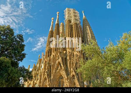 Die Nordwand der Sagrada Familia, Basílica de la Sagrada Familia, entworfen von Antoni Gaudi in Barcelona, Spanien. Stockfoto