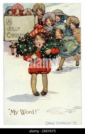 Weihnachtskarte aus der Zeit WW1, auf der ein junges Mädchen einen Mistelhaufen hält, der „mein Wort“ sagt und Agnes Richardson ein „fröhliches Weihnachtsfest“ wünscht. Ca. 1915, Großbritannien Stockfoto