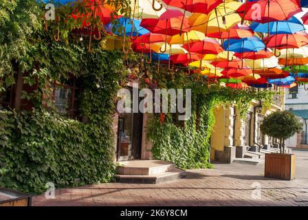 Helle und farbenfrohe Regenschirme schmücken ein Restaurant. Das Haus bedeckt mit wilden Trauben. Straßendekor mit Regenschirmen in Kiew, Ukraine Stockfoto