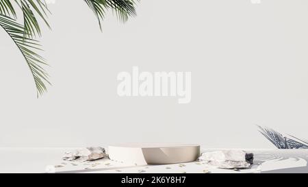 3D Podium Beton Hintergrund Produkte Display mockup 3D Render. Szene auf grünem Gras, Blatt, Stein und Holz Hintergrund Podium Form Quadrat. Stockfoto