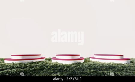 3D Podium Beton Hintergrund Produkte Display mockup 3D Render. Szene auf grünem Gras, Blatt, Stein und Holz Hintergrund Podium Form Quadrat. Stockfoto