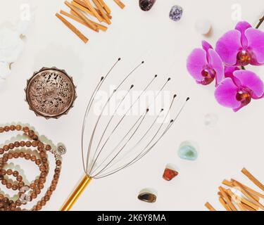 Selbstpflege, Heilkonzept mit Set zum Entspannen Stockfoto