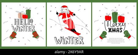 Frohe Weihnachten Set Postkarten mit niedlichen Weihnachtsmann und Zitat Schriftzug WINTER, HALLO WINTER, MERY XMAS. Die Vektordarstellung Weihnachten Webpostkarte in Stock Vektor