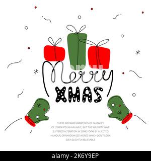 Frohe Weihnachtskarte mit niedlichen Fäustlingen, Geschenken und Zitat-Schriftzug FROHE WEIHNACHTEN. Die Vektorgrafik im handgezeichneten Kunststil für Frohes neues Jahr. Stock Vektor