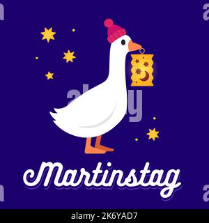 Martinstag (St. Martin's Day) Weihnachtskarte. Niedliche Cartoon Gans hält Papier Laterne. Vektorgrafik Clip Art Illustration. Stock Vektor
