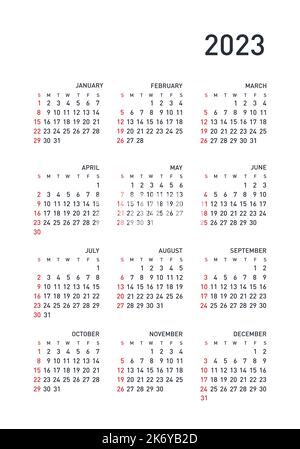 Kalender 2023 Jahr. Schwarz-Weiß-Vektorvorlage. Die Woche beginnt am Sonntag. Grundraster. Quadratischer Taschenkalander. Ready-Design Stock Vektor