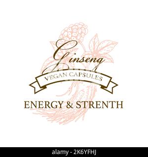 Handgezeichnetes Ginseng Vintage Logo Design. Botanische Vektordarstellung im Skizzenstil. Verpackungsdruck für Heilpflanzen Stock Vektor