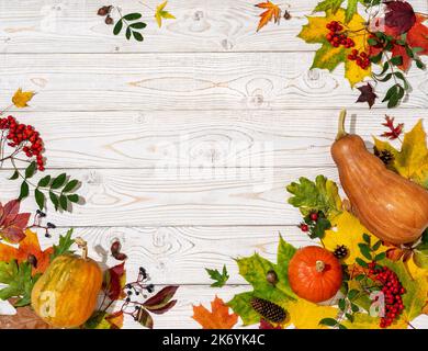 Festliches Herbstdekor aus Kürbissen, Beeren und Blättern auf weißem Holzhintergrund. Konzept des Erntedankfestes Stockfoto