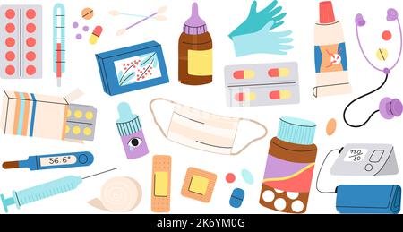 Medizinische Geräte und Pillen. Krankenhaus-Thermometer, medizinische Werkzeuge für die Behandlung. Apotheke Flaschen und Tabletten, Antibiotika anständigen Vektor Stock Vektor