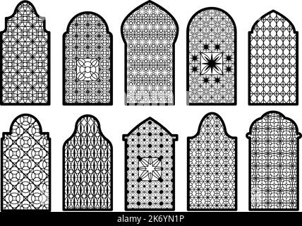 Islamische Zierfenster. Arabischer Fensterbogen, traditionelle orientalische religiöse Dekorelemente. Schöne Türen Formen, isolierte Rahmen anständigen Vektor Stock Vektor