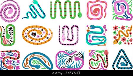 Modernes, primitives Design in der Natur. Abstrakte Zierschlangen im trendigen Stil. Kreative Kunst Fliesen, Reptilien und Pflanzen. Anständige Schlange im Kreis Stock Vektor