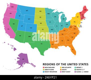 Karte der Regionen der Vereinigten Staaten. Neuengland, Great Plains, Rocky Mountain, Mid Atlantic, South, Westküste, Mittlerer Westen, Südwesten, Alaska und Hawaii. Stockfoto