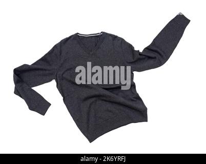 Dunkelgrauer Baumwoll-Pullover isoliert auf weiß, Draufsicht. Lässiger Style. Stockfoto