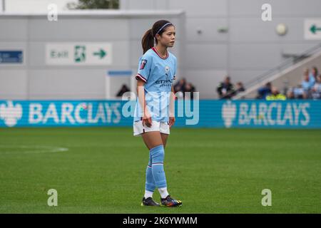 Manchester, Großbritannien. 16. Oktober 2022. Manchester, England, 16. 2022. Oktober: Yui Hasegawa (25 Manchester City) in Aktion während des Barclays FA Womens Super League-Spiels zwischen Manchester City und Leicester City im Academy Stadium in Manchester, England (Natalie Mincher/SPP) Credit: SPP Sport Press Photo. /Alamy Live News Stockfoto