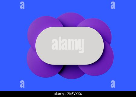 Weiße leere Tablette und violette Kreisformen auf blauem Hintergrund 3D Render. Stockfoto